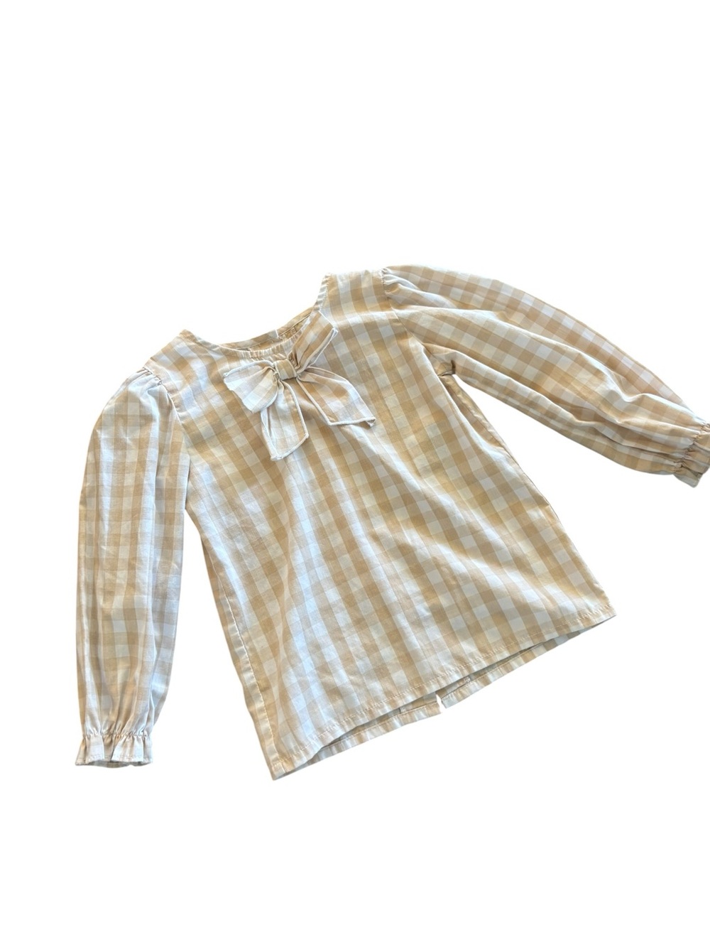 TBBC 5 Gingham Bow Tie Long Sleeve Blouse - Beige & White